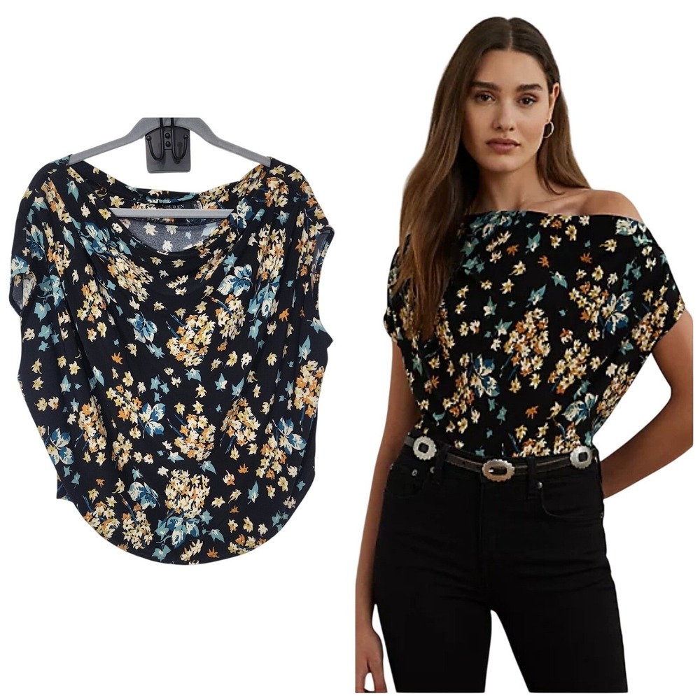 Lauren Ralph Lauren Floral‎ Draped Neck Jersey Blouse Stretch large off shoulder
